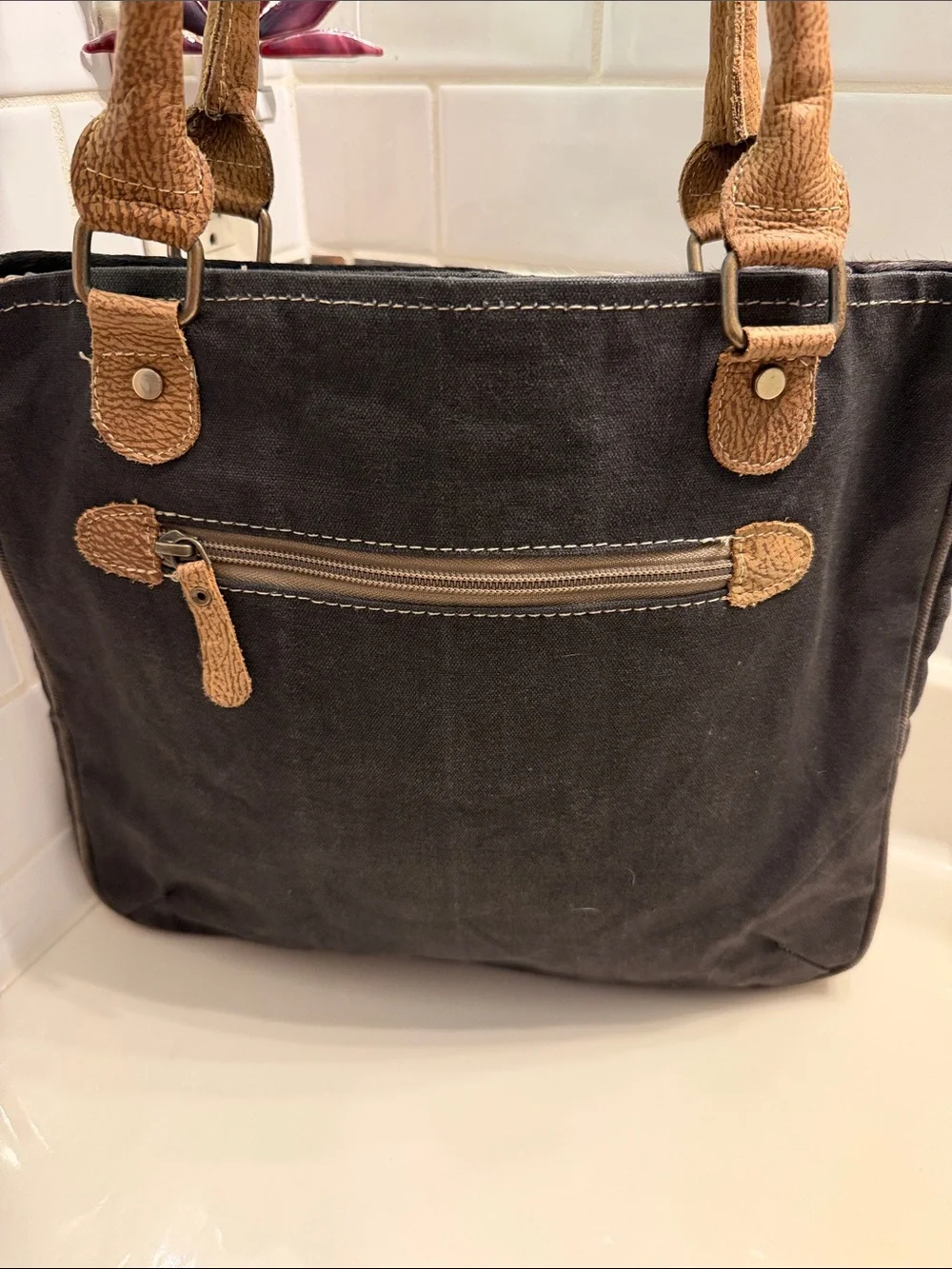 Myra Bag Black & White Chevron Tote with Brown Handles - Picture 4 of 6